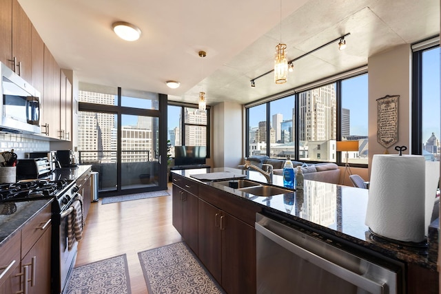 kitchen featuring decorative light fixtures, a wealth of natural light, stainless steel appliances, and floor to ceiling windows