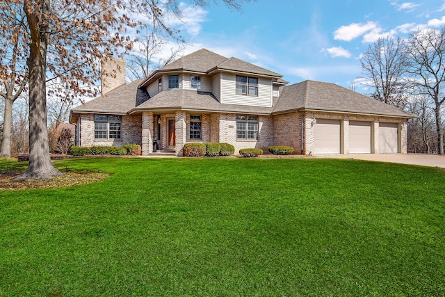 view of front of house with a front yard, a shingled roof, a chimney, concrete driveway, and a garage