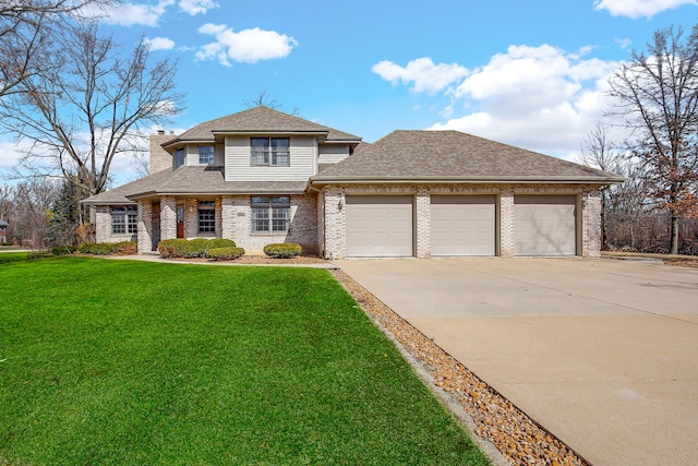 view of front facade featuring brick siding, a front lawn, concrete driveway, roof with shingles, and a garage