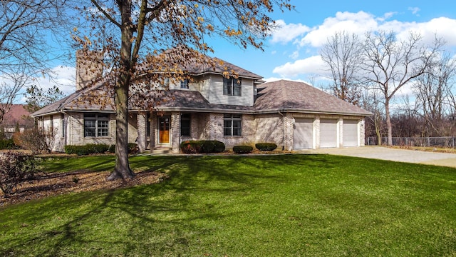 traditional-style home featuring a front lawn, fence, concrete driveway, an attached garage, and a chimney