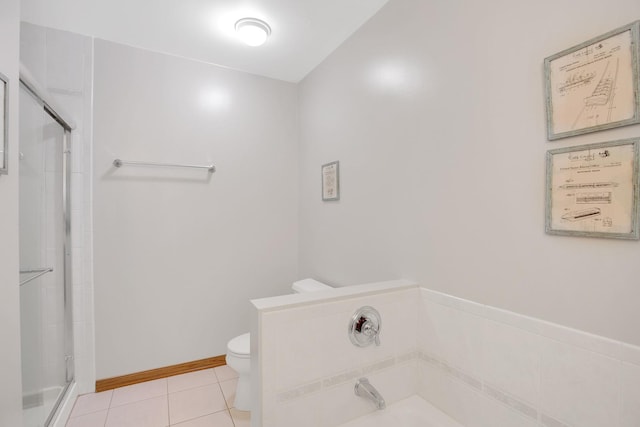 full bath featuring toilet, a shower stall, tile patterned flooring, baseboards, and a bath