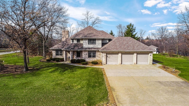 traditional home with an attached garage, a chimney, driveway, and a front yard