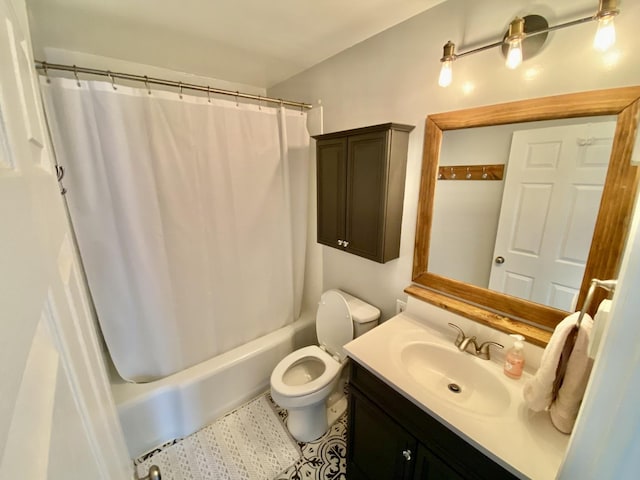 full bathroom featuring vanity, toilet, and shower / bathtub combination with curtain