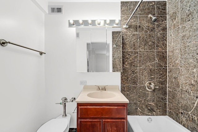 full bath featuring visible vents, bathing tub / shower combination, toilet, and vanity