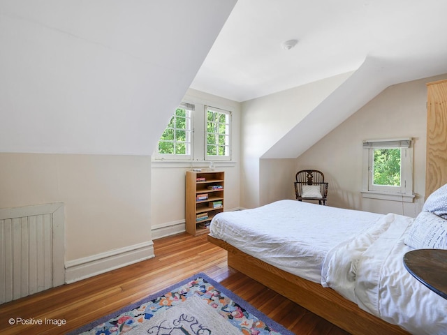 1233 Crain St, Evanston, IL 60202 - bedroom featuring multiple windows, vaulted ceiling, radiator, and light hardwood / wood-style floors
