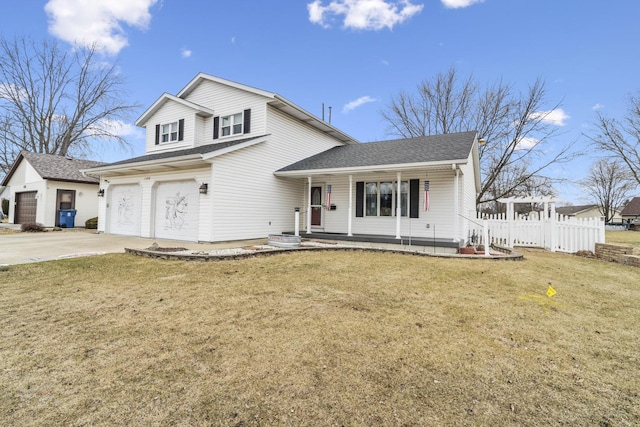 view of front of home featuring a porch, a garage, and a front yard