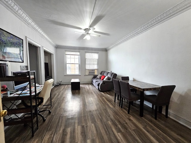 interior space featuring baseboards, dark wood-style flooring, and ornamental molding