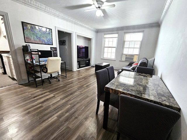 home office featuring baseboards, dark wood-style floors, ceiling fan, cooling unit, and crown molding