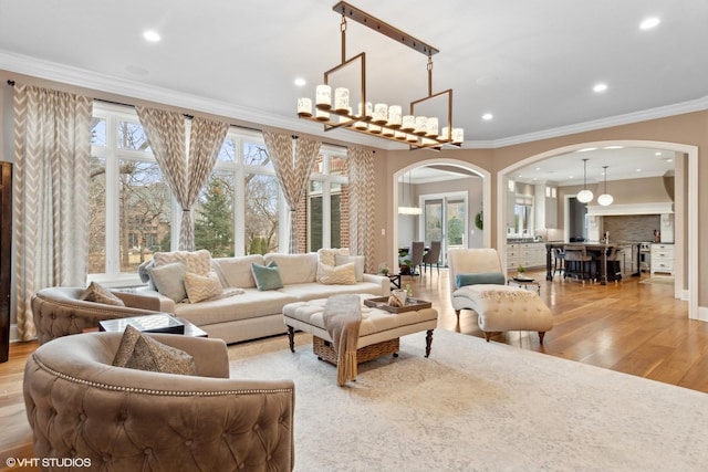 6 Ivy Ln, Oak Brook, IL 60523 - living room with arched walkways, ornamental molding, and wood finished floors