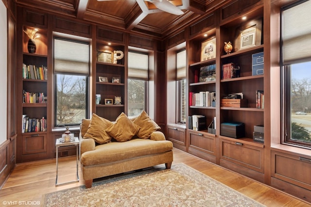 6 Ivy Ln, Oak Brook, IL 60523 - sitting room featuring wooden ceiling, ornamental molding, light wood finished floors, and a decorative wall