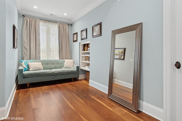 6 Ivy Ln, Oak Brook, IL 60523 - living area with baseboards, ornamental molding, wood finished floors, and visible vents