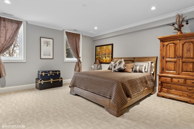 6 Ivy Ln, Oak Brook, IL 60523 - bedroom featuring visible vents, crown molding, light colored carpet, baseboards, and recessed lighting