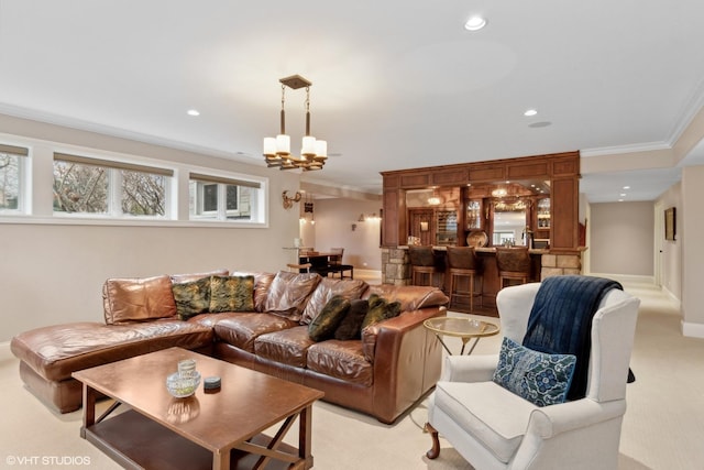 6 Ivy Ln, Oak Brook, IL 60523 - living area with crown molding, light carpet, recessed lighting, and a chandelier