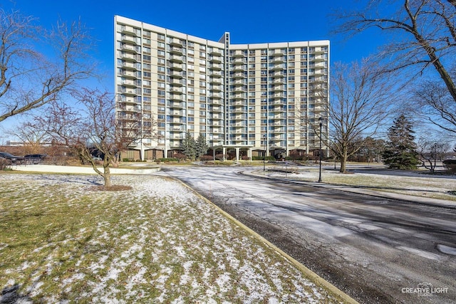 view of snow covered building