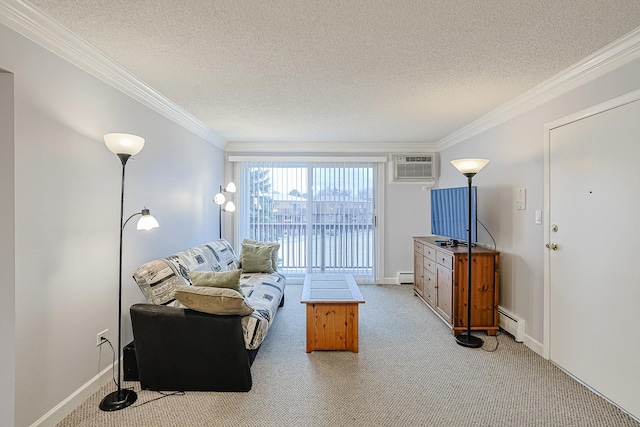 carpeted living room with a baseboard radiator, ornamental molding, a wall mounted AC, and a textured ceiling