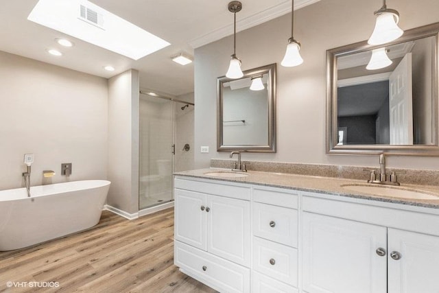 bathroom featuring wood-type flooring, plus walk in shower, and vanity