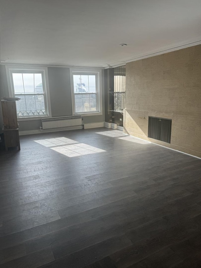 unfurnished room with a wealth of natural light, crown molding, radiator heating unit, and wood finished floors