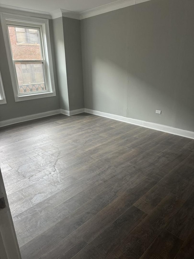 spare room with baseboards, dark wood-type flooring, and crown molding