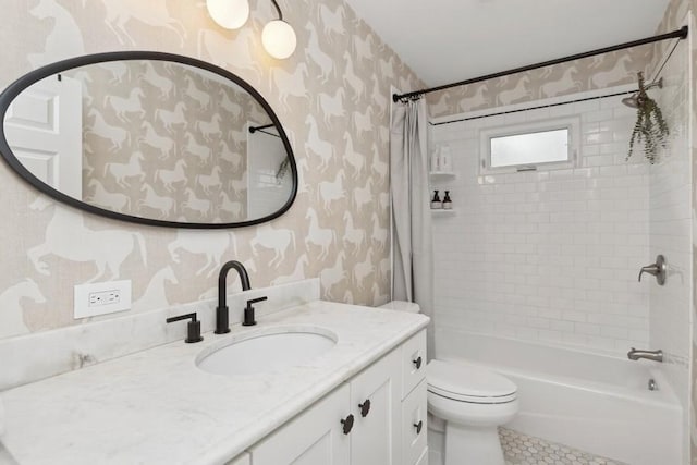 full bathroom with vanity, toilet, tile patterned floors, and shower / bath combo with shower curtain