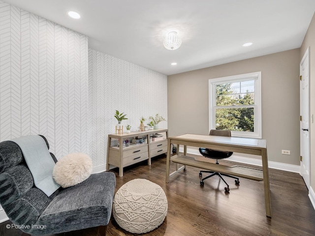 home office featuring dark wood-type flooring