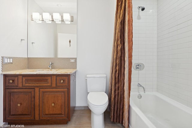 full bath featuring shower / tub combo with curtain, backsplash, toilet, vanity, and tile patterned floors