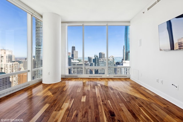 empty room with expansive windows, plenty of natural light, wood finished floors, and baseboards