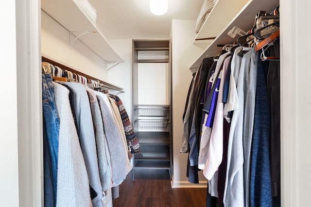 spacious closet with dark wood finished floors