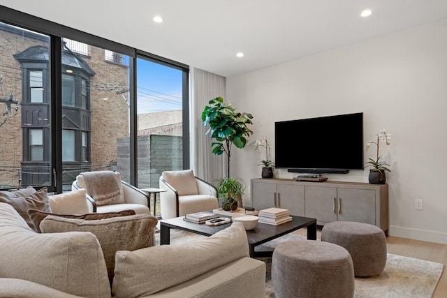 living room with a wall of windows and light wood-type flooring