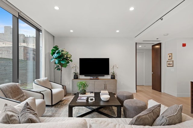 living room featuring a wall of windows and light wood-type flooring