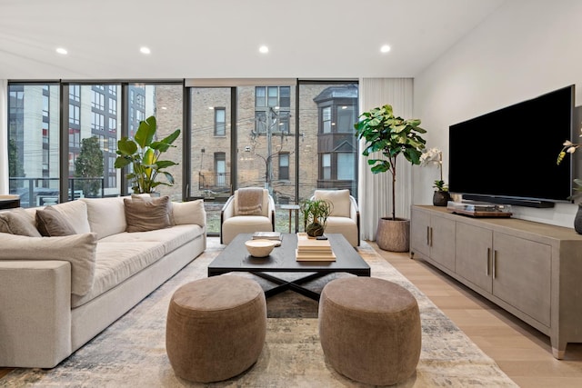 living room with expansive windows and light hardwood / wood-style flooring