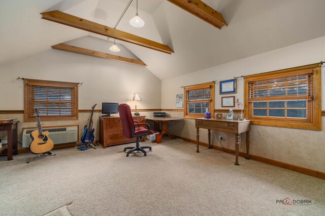 office space with high vaulted ceiling, beam ceiling, carpet floors, and a wall unit AC