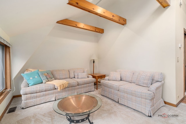 living room with light carpet and lofted ceiling with beams