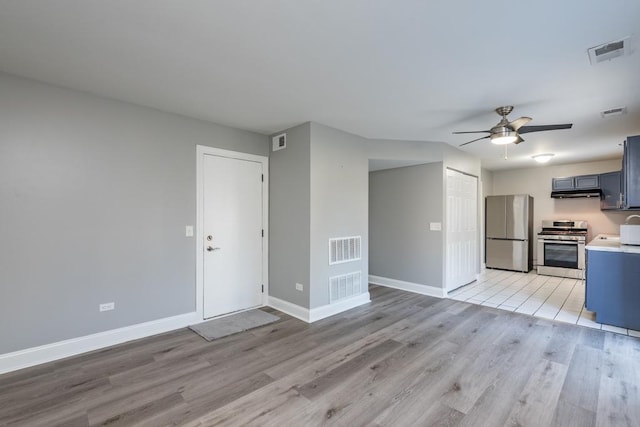 unfurnished living room featuring light hardwood / wood-style floors and ceiling fan