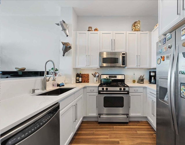 kitchen featuring white cabinetry, sink, dark wood-type flooring, and appliances with stainless steel finishes