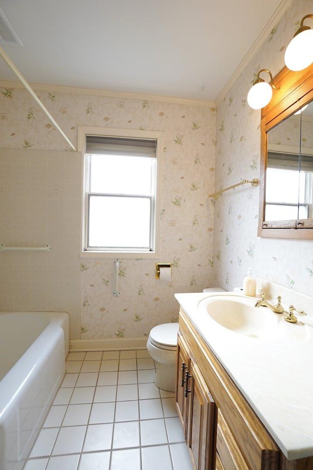 kitchen with freestanding refrigerator, wallpapered walls, light tile patterned floors, and white electric range