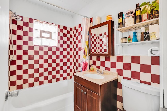 full bathroom with backsplash, shower / bath combination with curtain, toilet, and vanity