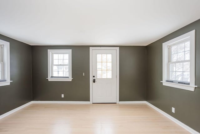 entryway featuring light wood finished floors and baseboards