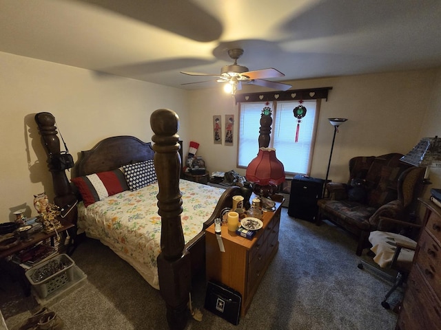 bedroom featuring dark colored carpet and ceiling fan