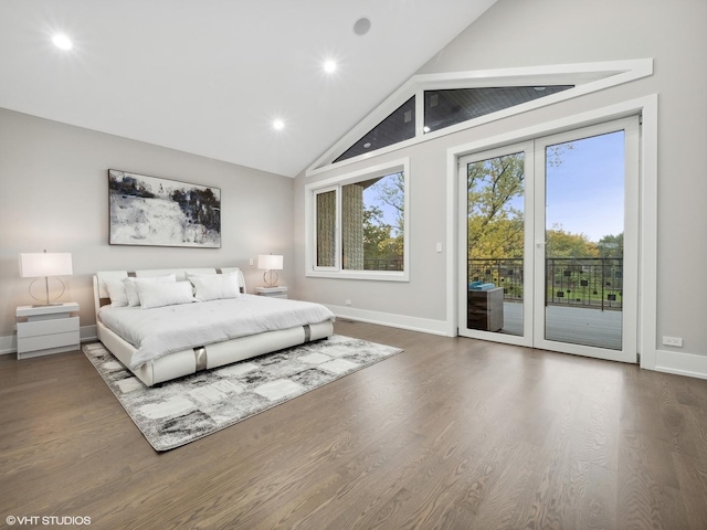 bedroom featuring lofted ceiling, multiple windows, dark wood-type flooring, and access to outside