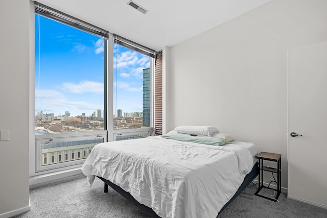 carpeted bedroom with floor to ceiling windows