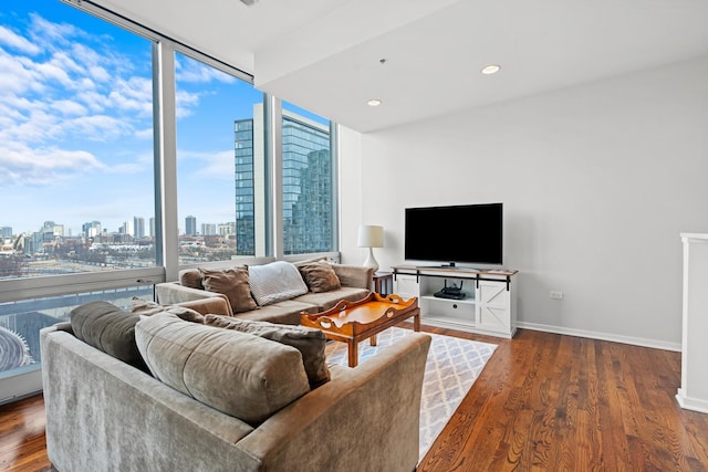 living room featuring dark hardwood / wood-style flooring and a wall of windows