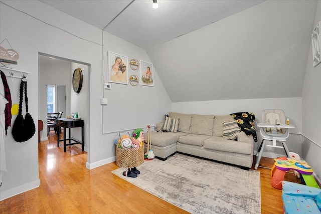 living room with lofted ceiling and wood-type flooring