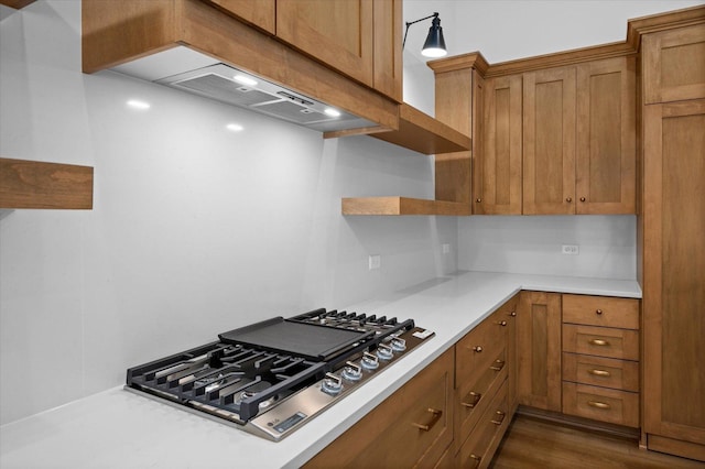 kitchen with premium range hood, dark wood-type flooring, and stainless steel gas cooktop