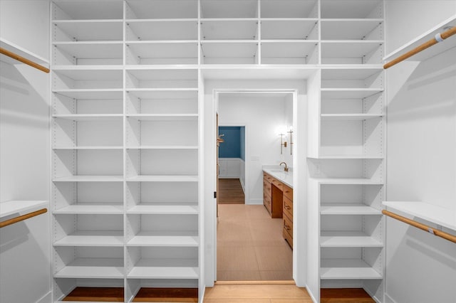 walk in closet with light wood-type flooring