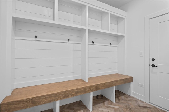 mudroom featuring light parquet flooring