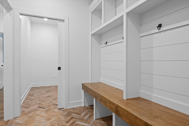 mudroom featuring light parquet flooring