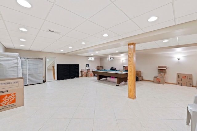 playroom with pool table, tile patterned floors, and a drop ceiling