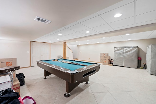 rec room featuring pool table, a paneled ceiling, and light tile patterned floors