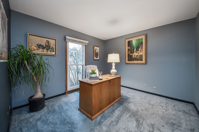 home office featuring dark colored carpet