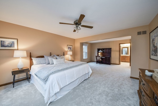 bedroom featuring ceiling fan and light colored carpet